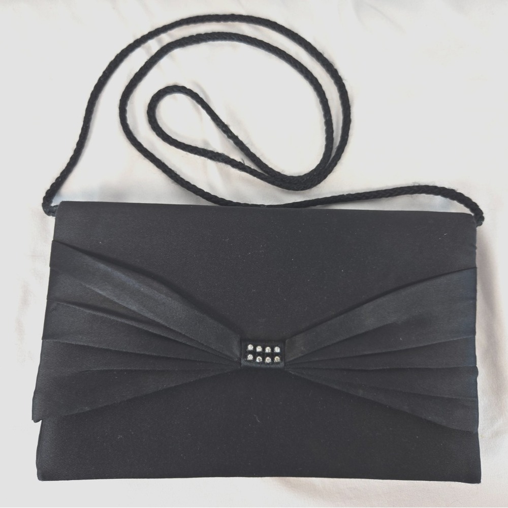 Black Satin Evening Bag Rhinestone Pleated Prom Homecoming Formal Purse